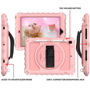 For iPad 9.7 (2018) & (2017) 360 Degree Rotation PC + Silicone Shockproof Combination Case with Holder & Hand Grip Strap & Neck Strap(Rose Gold)