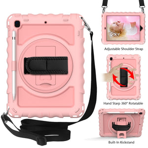 For iPad 9.7 (2018) & (2017) 360 Degree Rotation PC + Silicone Shockproof Combination Case with Holder & Hand Grip Strap & Neck Strap(Rose Gold)