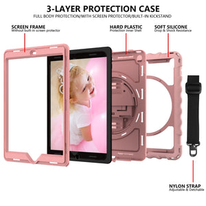 For iPad 9.7 (2018) & (2017) 360 Degree Rotation PC + Silicone Shockproof Combination Case with Holder & Hand Grip Strap & Neck Strap(Rose Gold)