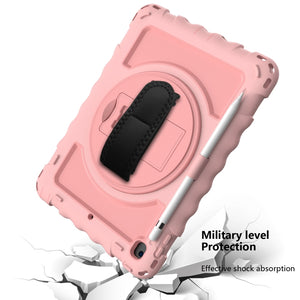 For iPad 9.7 (2018) & (2017) 360 Degree Rotation PC + Silicone Shockproof Combination Case with Holder & Hand Grip Strap & Neck Strap(Rose Gold)