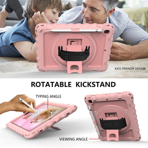 For iPad 9.7 (2018) & (2017) 360 Degree Rotation PC + Silicone Shockproof Combination Case with Holder & Hand Grip Strap & Neck Strap(Rose Gold)