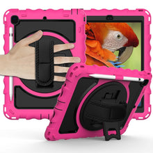 For iPad 9.7 (2018) & (2017) 360 Degree Rotation PC + Silicone Shockproof Combination Case with Holder & Hand Grip Strap & Neck Strap(Hot Pink)