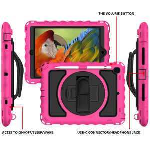 For iPad 9.7 (2018) & (2017) 360 Degree Rotation PC + Silicone Shockproof Combination Case with Holder & Hand Grip Strap & Neck Strap(Hot Pink)