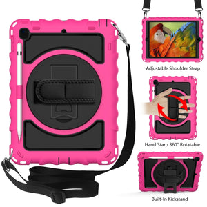 For iPad 9.7 (2018) & (2017) 360 Degree Rotation PC + Silicone Shockproof Combination Case with Holder & Hand Grip Strap & Neck Strap(Hot Pink)