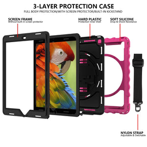 For iPad 9.7 (2018) & (2017) 360 Degree Rotation PC + Silicone Shockproof Combination Case with Holder & Hand Grip Strap & Neck Strap(Hot Pink)