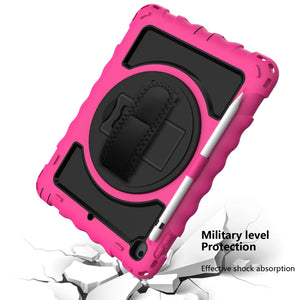 For iPad 9.7 (2018) & (2017) 360 Degree Rotation PC + Silicone Shockproof Combination Case with Holder & Hand Grip Strap & Neck Strap(Hot Pink)