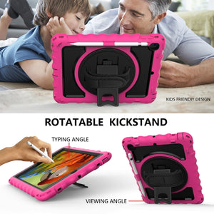 For iPad 9.7 (2018) & (2017) 360 Degree Rotation PC + Silicone Shockproof Combination Case with Holder & Hand Grip Strap & Neck Strap(Hot Pink)