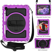 For iPad 9.7 (2018) & (2017) 360 Degree Rotation PC + Silicone Shockproof Combination Case with Holder & Hand Grip Strap & Neck Strap(Purple)