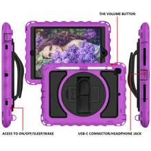 For iPad 9.7 (2018) & (2017) 360 Degree Rotation PC + Silicone Shockproof Combination Case with Holder & Hand Grip Strap & Neck Strap(Purple)