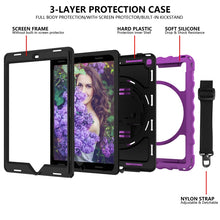 For iPad 9.7 (2018) & (2017) 360 Degree Rotation PC + Silicone Shockproof Combination Case with Holder & Hand Grip Strap & Neck Strap(Purple)