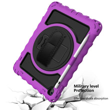 For iPad 9.7 (2018) & (2017) 360 Degree Rotation PC + Silicone Shockproof Combination Case with Holder & Hand Grip Strap & Neck Strap(Purple)