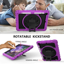 For iPad 9.7 (2018) & (2017) 360 Degree Rotation PC + Silicone Shockproof Combination Case with Holder & Hand Grip Strap & Neck Strap(Purple)