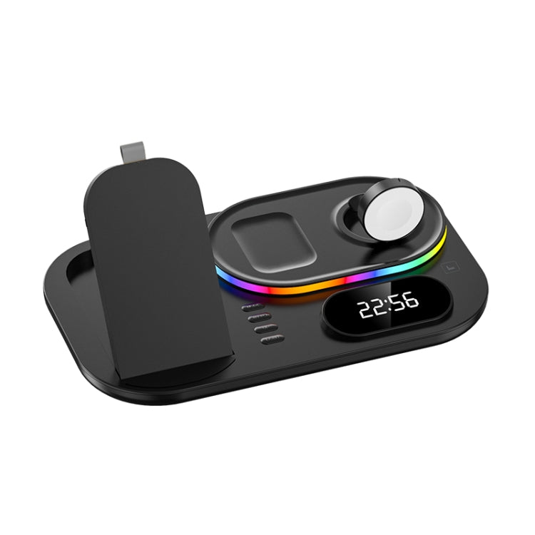 A06 3 in 1 Wireless Charger Fast Charging RGB Atmosphere Light with Clock For Smart Phone & iWatch & AirPods(Black)