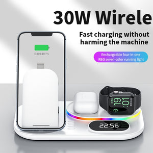 A06 3 in 1 Wireless Charger Fast Charging RGB Atmosphere Light with Clock For Smart Phone & iWatch & AirPods(Black)