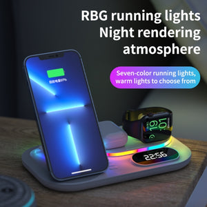 A06 3 in 1 Wireless Charger Fast Charging RGB Atmosphere Light with Clock For Smart Phone & iWatch & AirPods(Black)