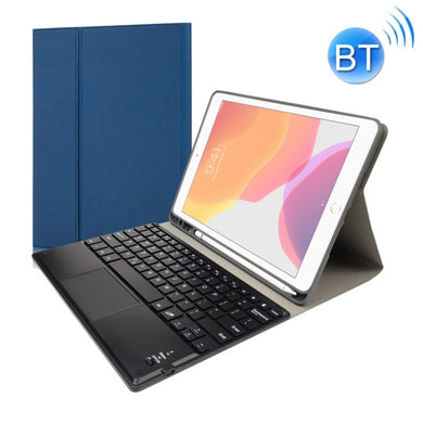 RK109C Detachable Magnetic Plastic Bluetooth Keyboard with Touchpad + Silk Pattern TPU Tablet Case for iPad Air 2020, with Pen Slot & Bracket(Blue)