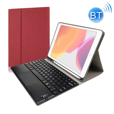 RK109C Detachable Magnetic Plastic Bluetooth Keyboard with Touchpad + Silk Pattern TPU Tablet Case for iPad Air 2020, with Pen Slot & Bracket(Red)