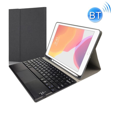 RK109C Detachable Magnetic Plastic Bluetooth Keyboard with Touchpad + Silk Pattern TPU Tablet Case for iPad Air 2020, with Pen Slot & Bracket(Black)