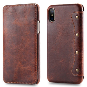 For iPhone X / XS Oil Wax Cowhide Horizontal Flip Leather Case with Card Slots & Wallet
